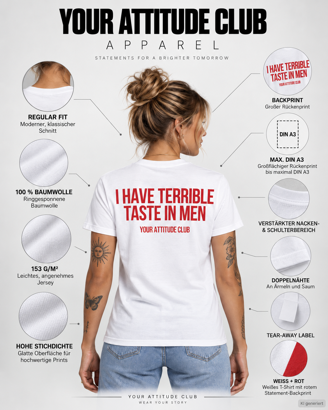 I HAVE TERRIBLE TASTE IN MEN – Unisex Statement T-Shirt Weiß mit rotem Backprint | freches Dating Sprüche Shirt