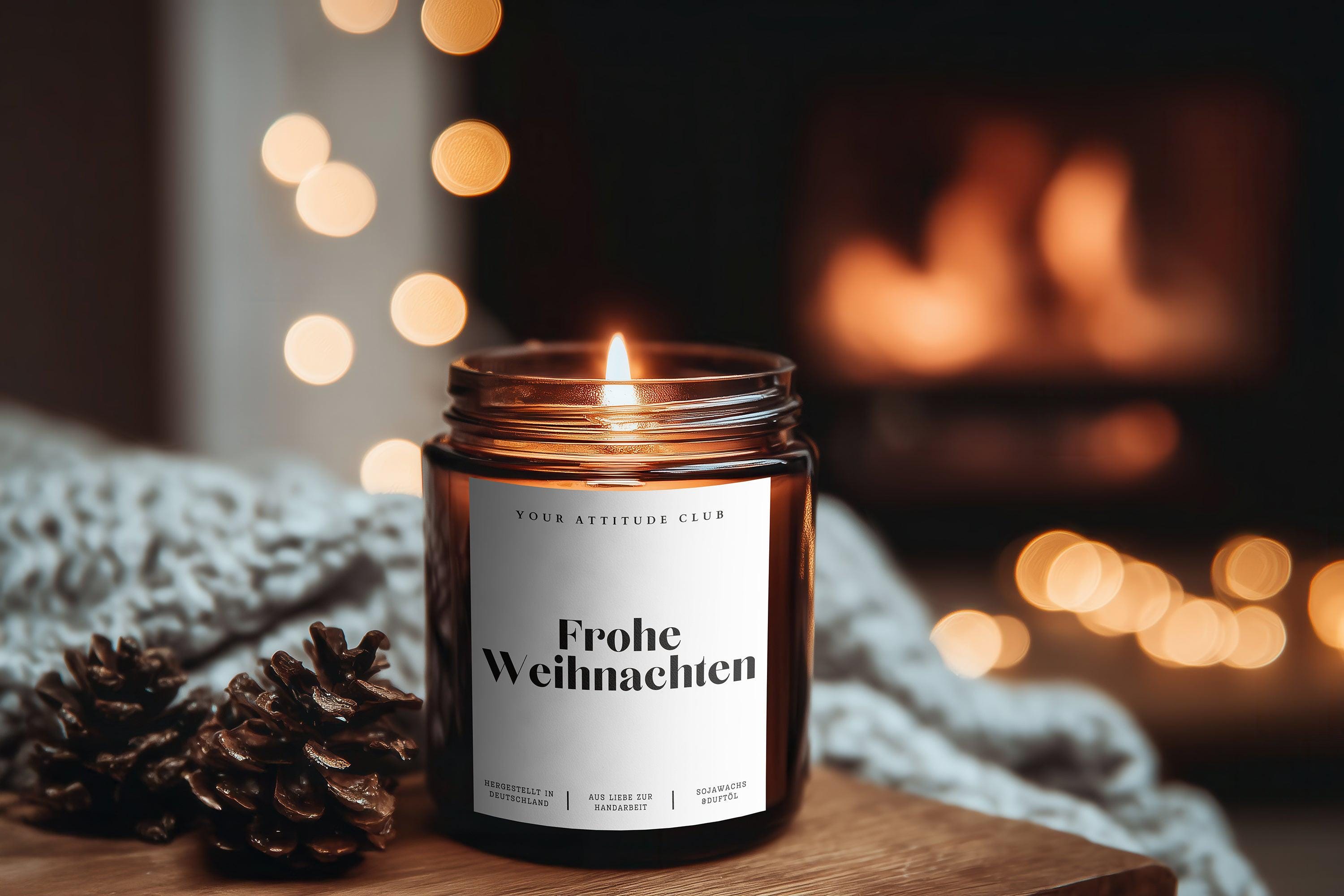 Frohe Weihnachten – Edle Weihnachtskerze im Amberglas, Handmade Sojawachs, Geschenkidee Weihnachten für Freunde, Familie, Kollegen, Partner
