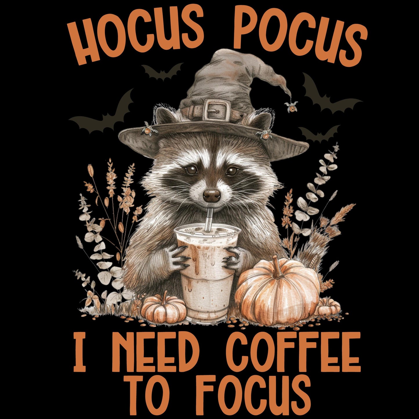 Halloween Baumwolltasche &quot;Hocus Pocus I Need Coffee To Focus&quot; – lustiger Waschbär mit Kaffee – Geschenk für Herbstliebhaber – Beutel in Schw