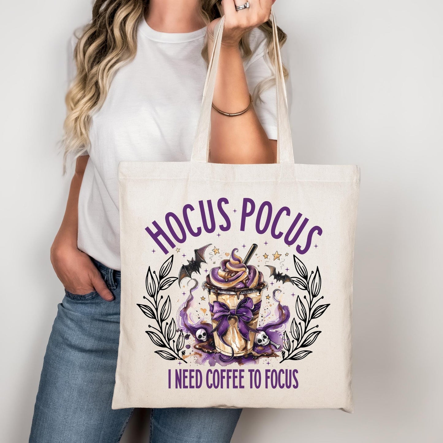 Hocus Pocus I Need Coffee to Focus Tasche beige – Halloween Beutel Baumwolle, Witchy Coffee Lover Geschenk, Aufbügler Motiv A4 A3 für Shirt,