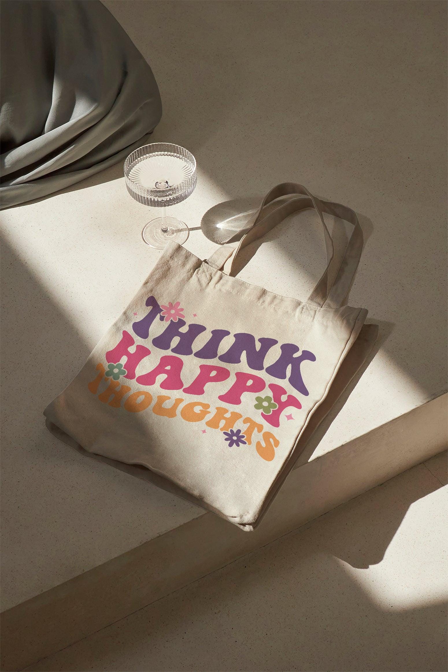 Think Happy Thoughts Baumwolltasche Stoffbeutel nachhaltig Retro Spruchtasche bunt 38x42 cm Shopper Geschenkidee Frauen individuell bedruckt