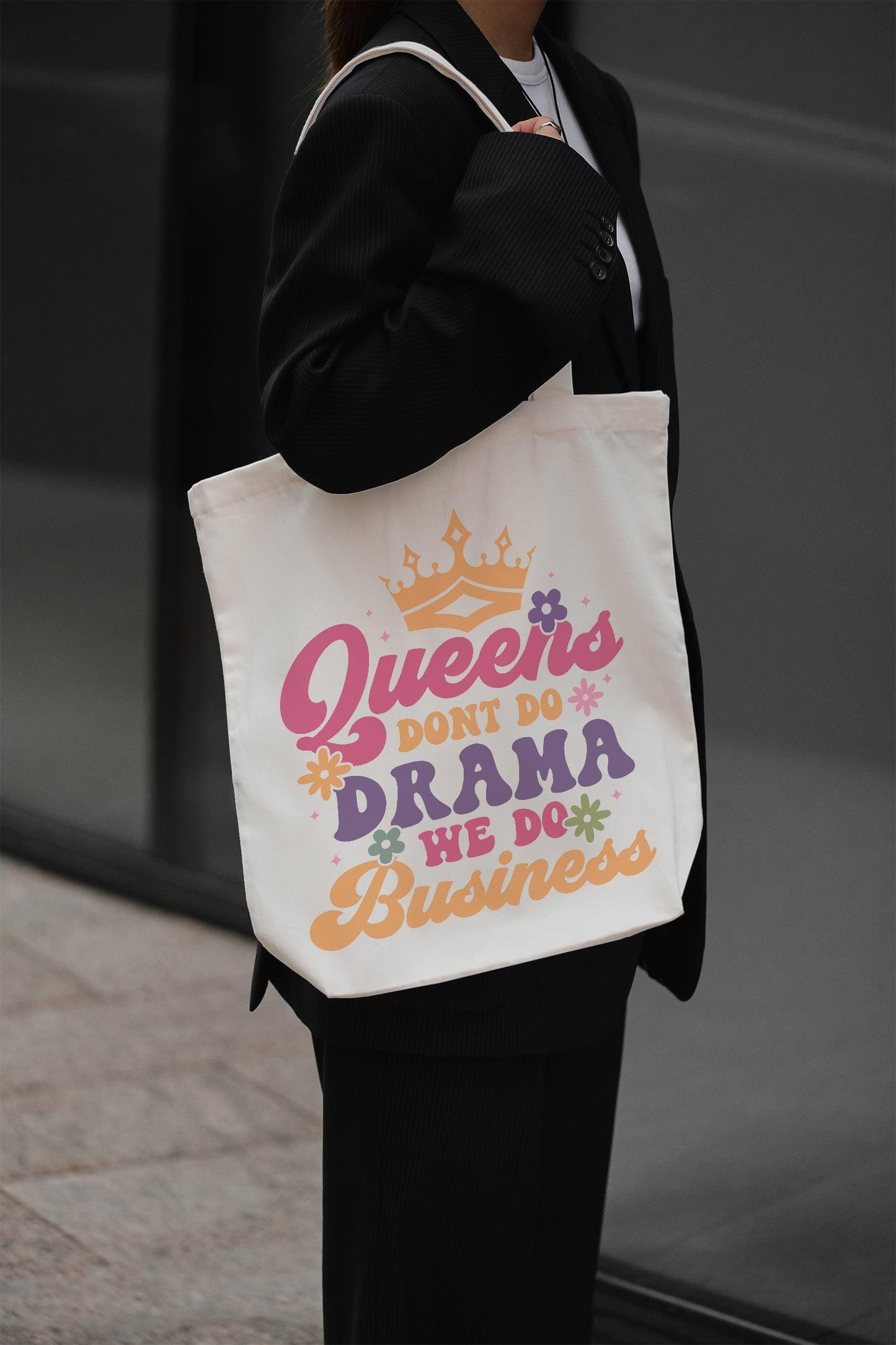 Queens Don&#39;t Do Drama We Do Business Baumwolltasche Stoffbeutel Retro Spruch nachhaltig Shopper bedruckt Geschenk Motiv individuell