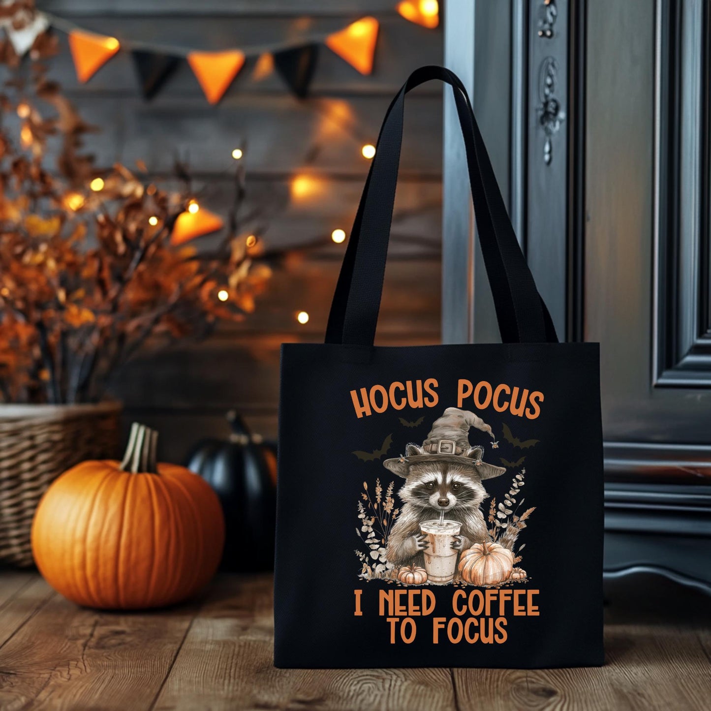 Halloween Baumwolltasche &quot;Hocus Pocus I Need Coffee To Focus&quot; – lustiger Waschbär mit Kaffee – Geschenk für Herbstliebhaber – Beutel in Schw