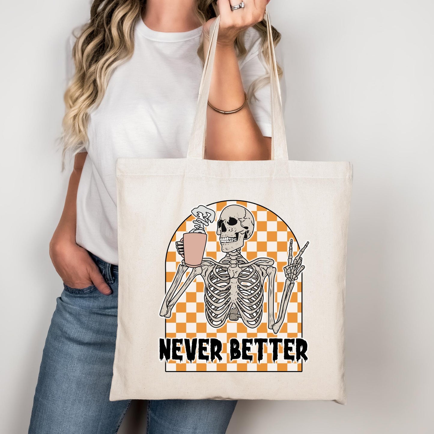 Never Better Tote Bag – Skelett Beutel mit Kaffee, Halloween Tasche, Baumwollbeutel mit Motiv, lustige Spruchtasche, Bügelbild Skelett Kaffe