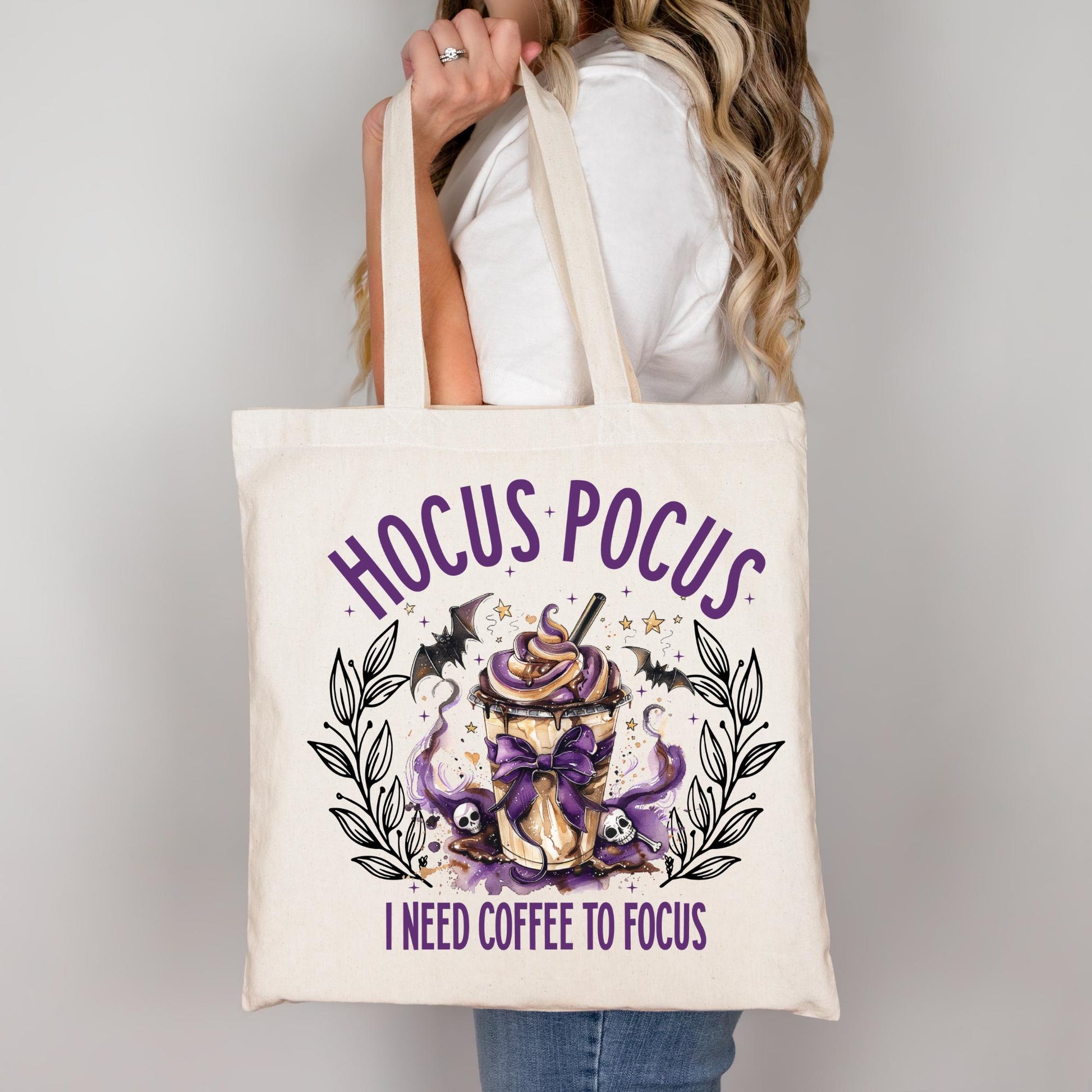 Hocus Pocus I Need Coffee to Focus Tasche beige – Halloween Beutel Baumwolle, Witchy Coffee Lover Geschenk, Aufbügler Motiv A4 A3 für Shirt,