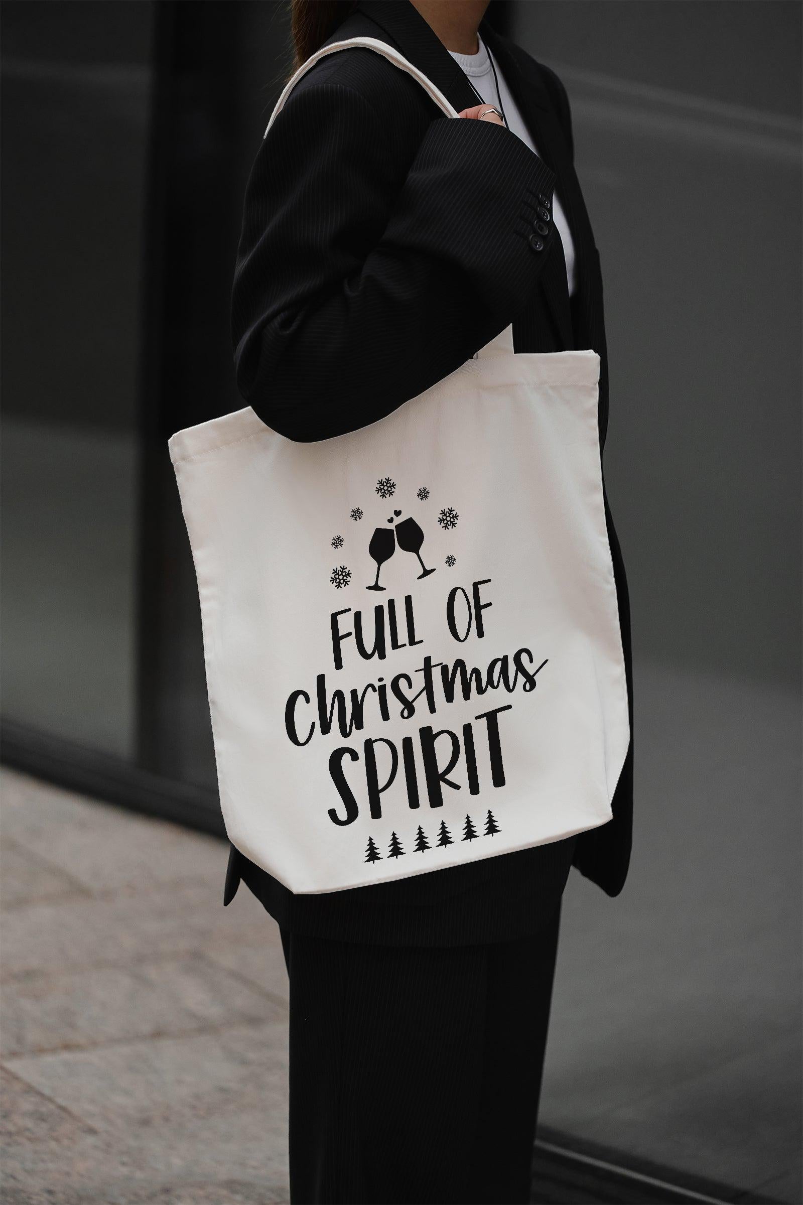 Full of Christmas Spirit Baumwolltasche Weihnachts Stoffbeutel Geschenkidee Spruch Tasche 38x42 cm Shopper nachhaltig lustig individuell bed
