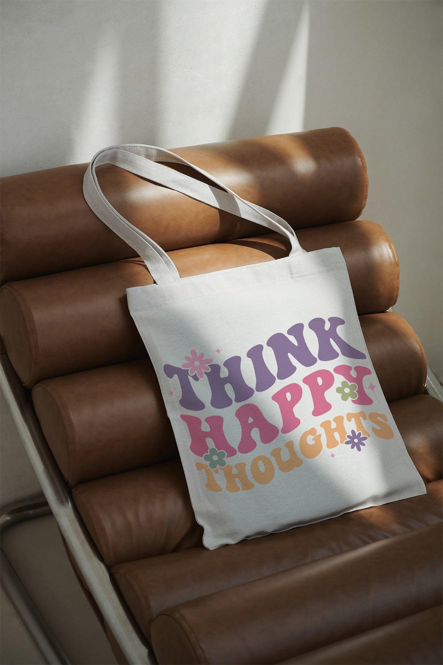 Think Happy Thoughts Baumwolltasche Stoffbeutel nachhaltig Retro Spruchtasche bunt 38x42 cm Shopper Geschenkidee Frauen individuell bedruckt
