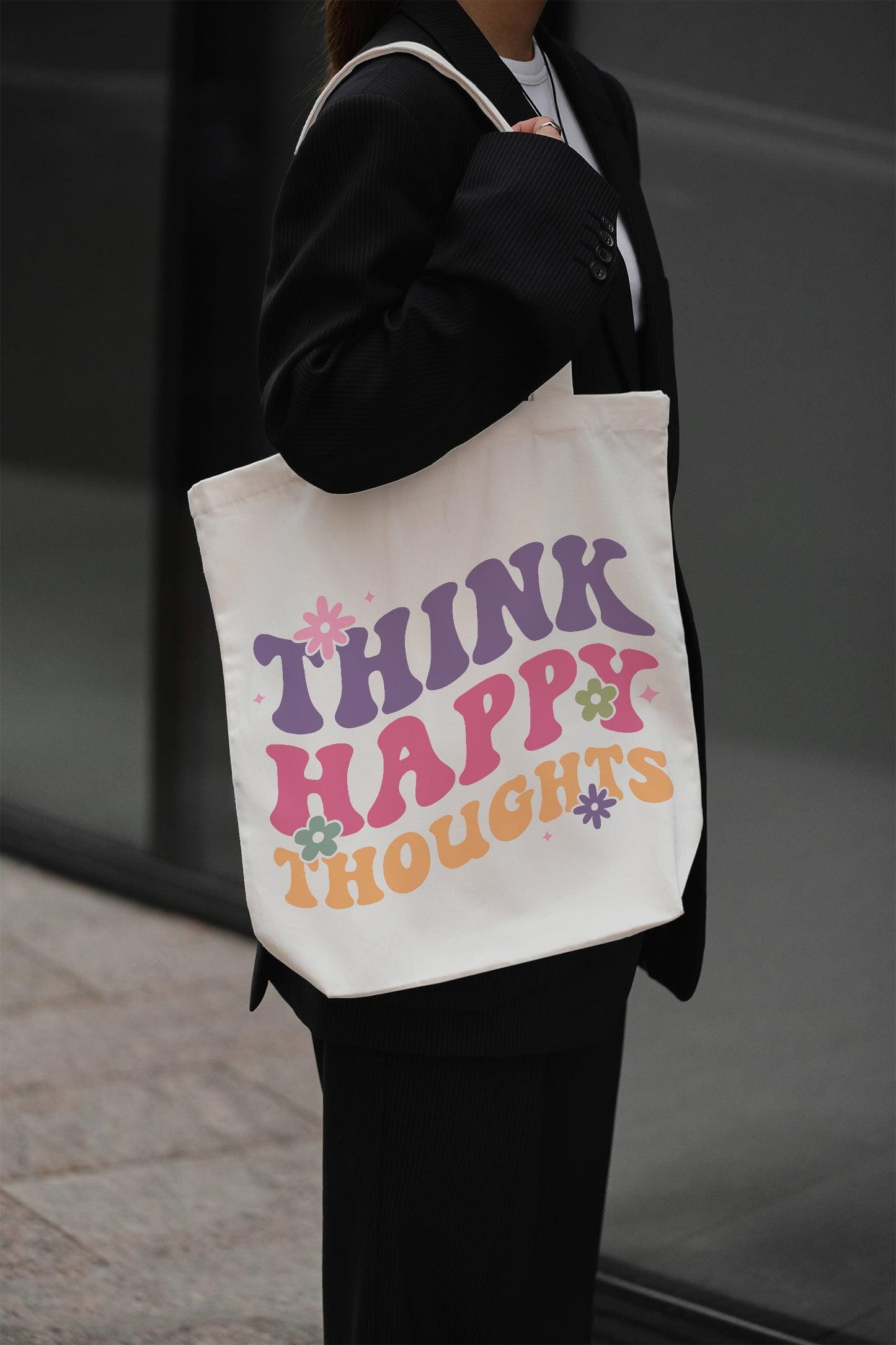 Think Happy Thoughts Baumwolltasche Stoffbeutel nachhaltig Retro Spruchtasche bunt 38x42 cm Shopper Geschenkidee Frauen individuell bedruckt