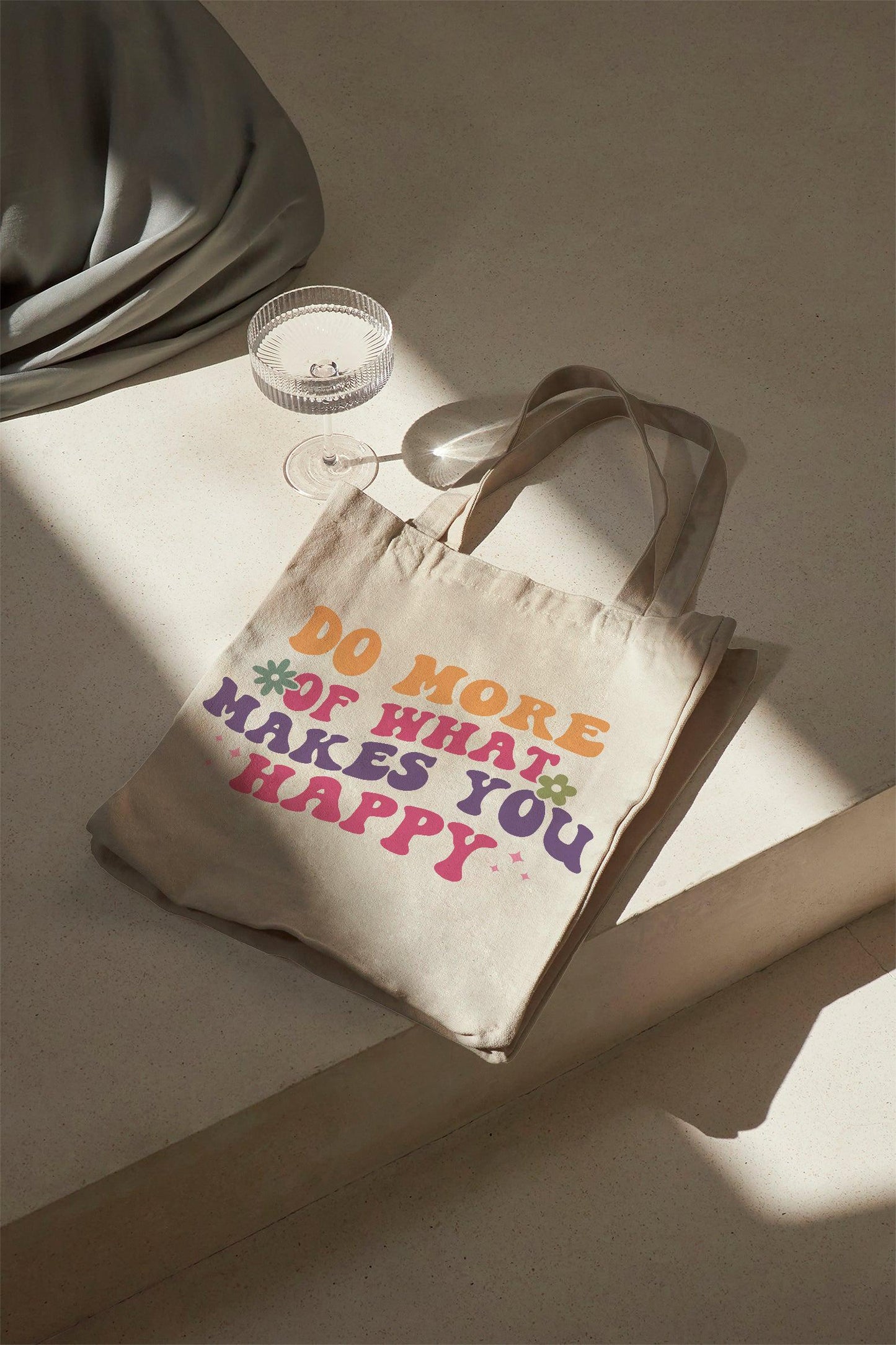Do More of What Makes You Happy Baumwolltasche Stoffbeutel Spruch Retro Design nachhaltig Geschenk Shopper individuell bedruckt