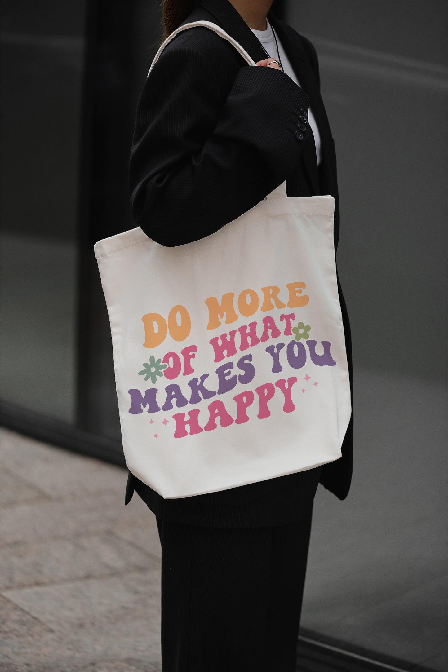 Do More of What Makes You Happy Baumwolltasche Stoffbeutel Spruch Retro Design nachhaltig Geschenk Shopper individuell bedruckt