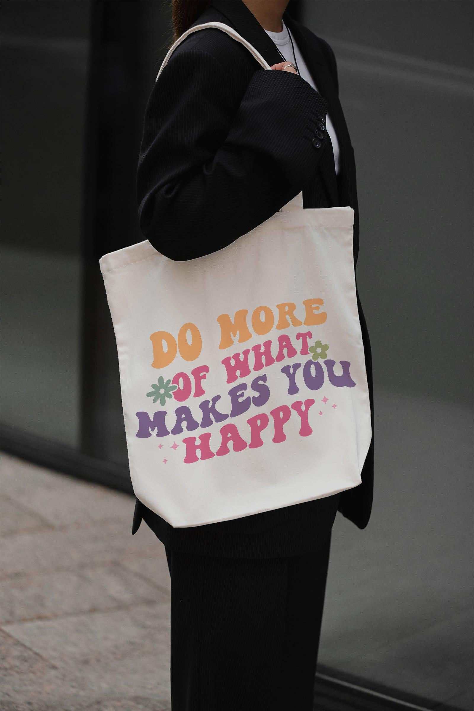 Do More of What Makes You Happy Baumwolltasche Stoffbeutel Spruch Retro Design nachhaltig Geschenk Shopper individuell bedruckt