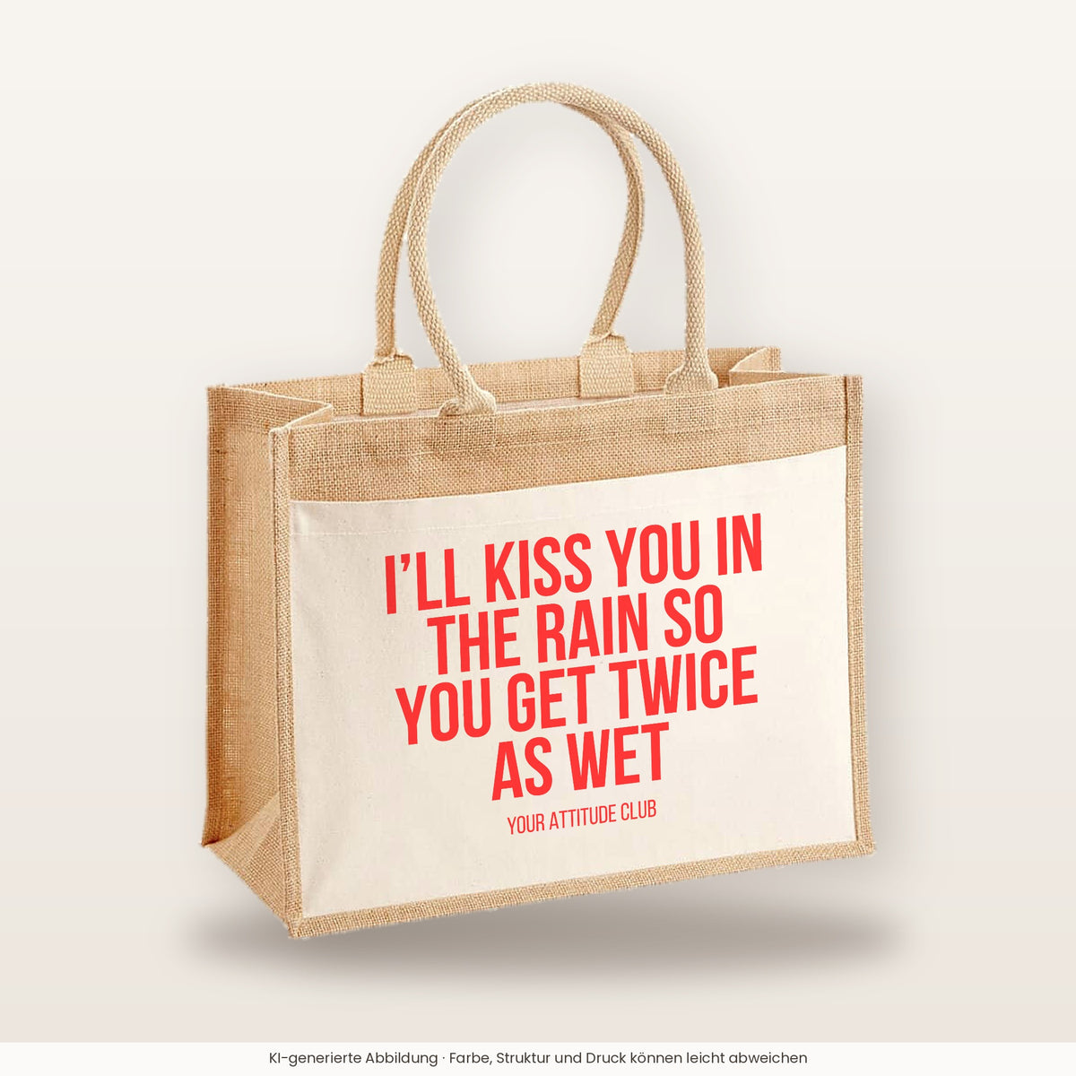 I'll kiss you in the rain so you get twice as wet – Jutetasche mit Spruch, große Jutetasche, Produktansicht