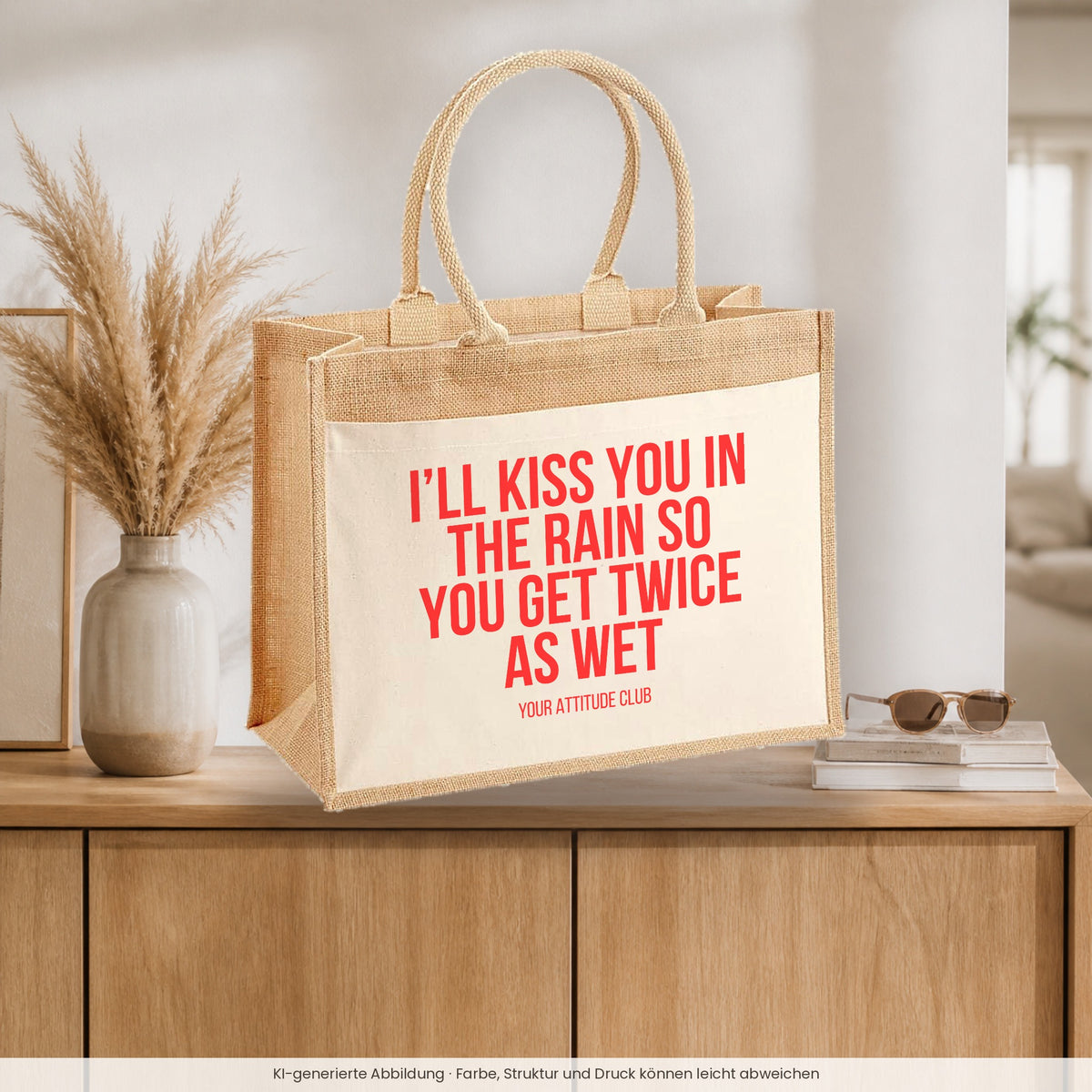 I'll kiss you in the rain so you get twice as wet – Jutetasche mit Spruch, auf dem Sideboard im Flur