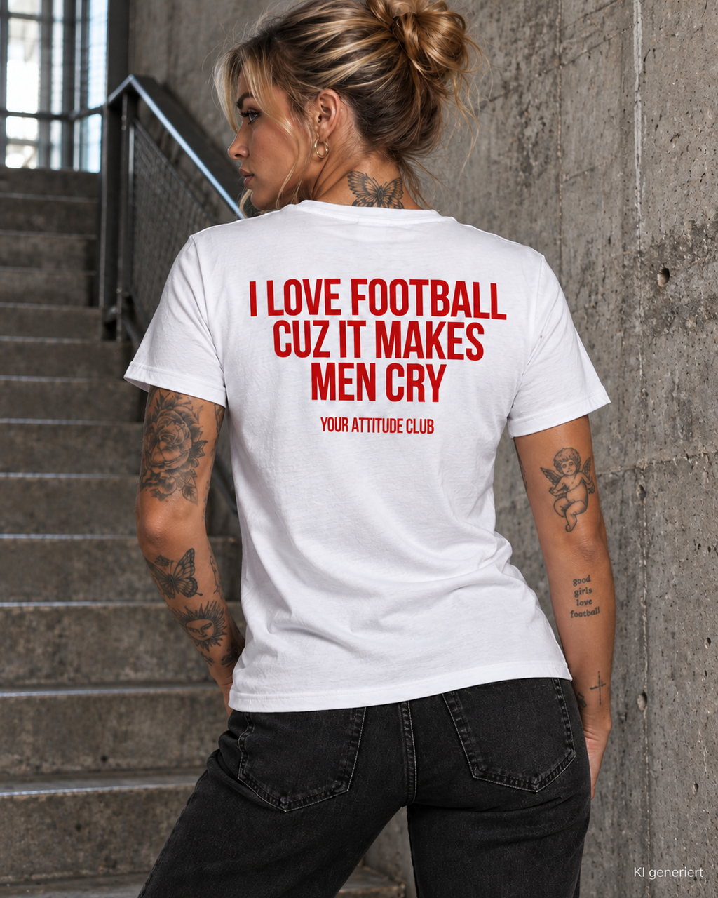 I LOVE FOOTBALL CUZ IT MAKES MEN CRY – Unisex Statement T-Shirt Weiß mit rotem Backprint | lustiges Fußball Sprüche Shirt