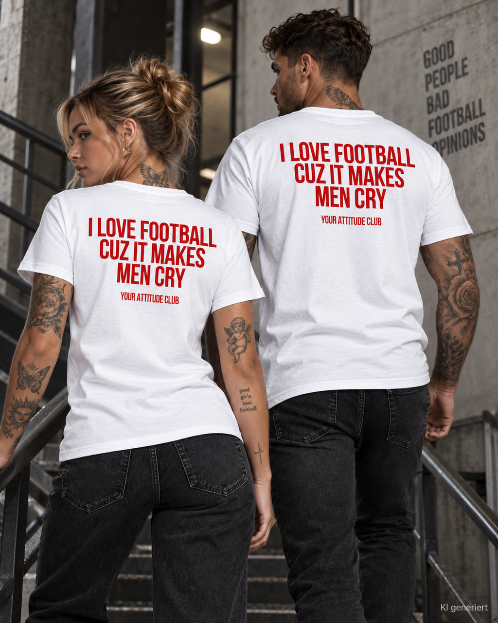 I LOVE FOOTBALL CUZ IT MAKES MEN CRY – Unisex Statement T-Shirt Weiß mit rotem Backprint | lustiges Fußball Sprüche Shirt