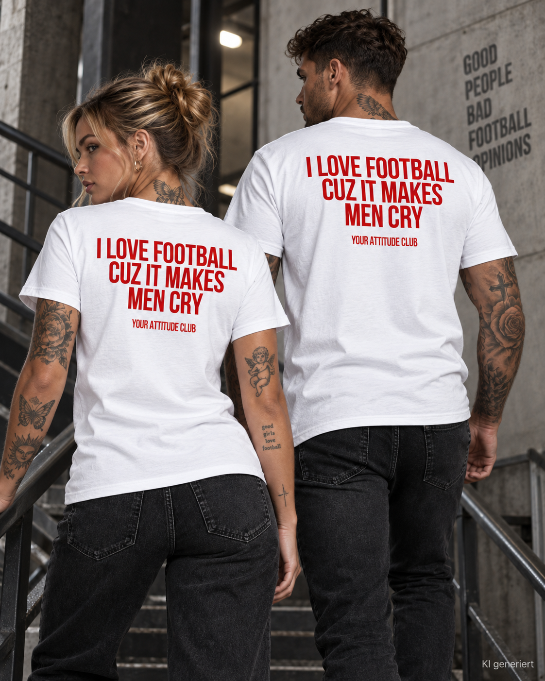 I LOVE FOOTBALL CUZ IT MAKES MEN CRY – Unisex Statement T-Shirt Weiß mit rotem Backprint | lustiges Fußball Sprüche Shirt