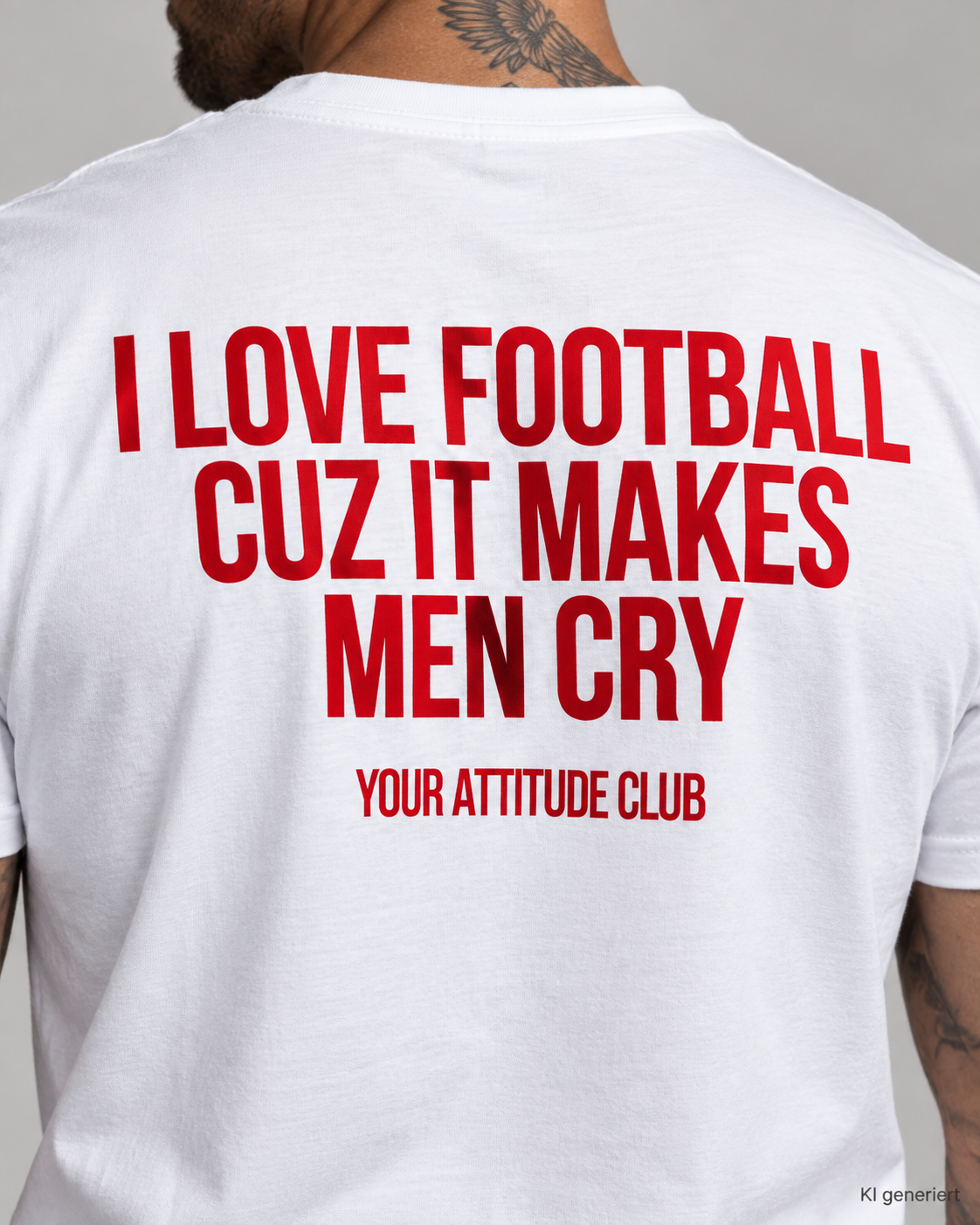 I LOVE FOOTBALL CUZ IT MAKES MEN CRY – Unisex Statement T-Shirt Weiß mit rotem Backprint | lustiges Fußball Sprüche Shirt