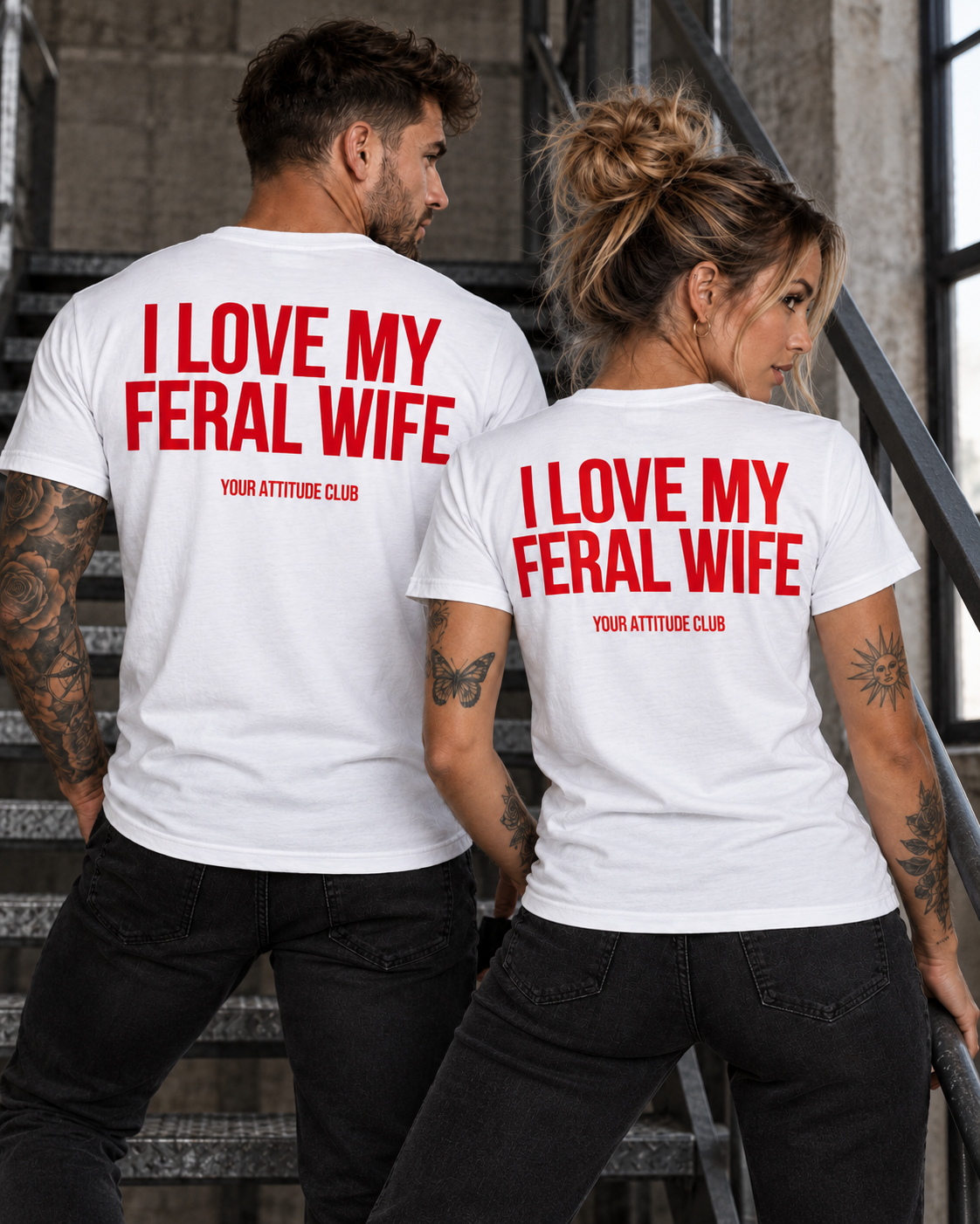I LOVE MY FERAL WIFE – Unisex Statement T-Shirt Weiß mit rotem Backprint | freches Ehefrau Sprüche Shirt