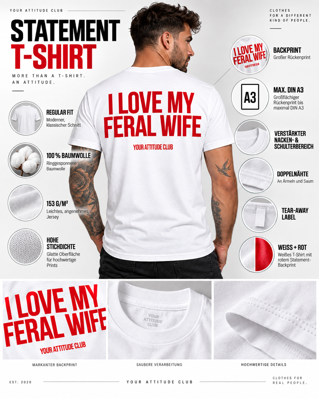 I LOVE MY FERAL WIFE – Unisex Statement T-Shirt Weiß mit rotem Backprint | freches Ehefrau Sprüche Shirt