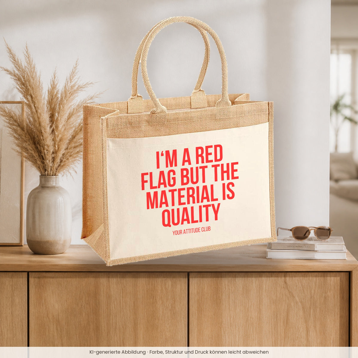 I'm a red flag but the material is quality – Jutetasche mit Spruch, auf dem Sideboard im Flur