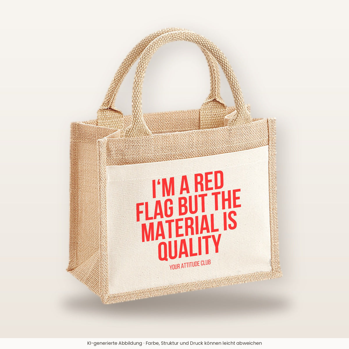 I'm a red flag but the material is quality – Jutetasche mit Spruch, kleine Jutetasche 26 × 22 cm