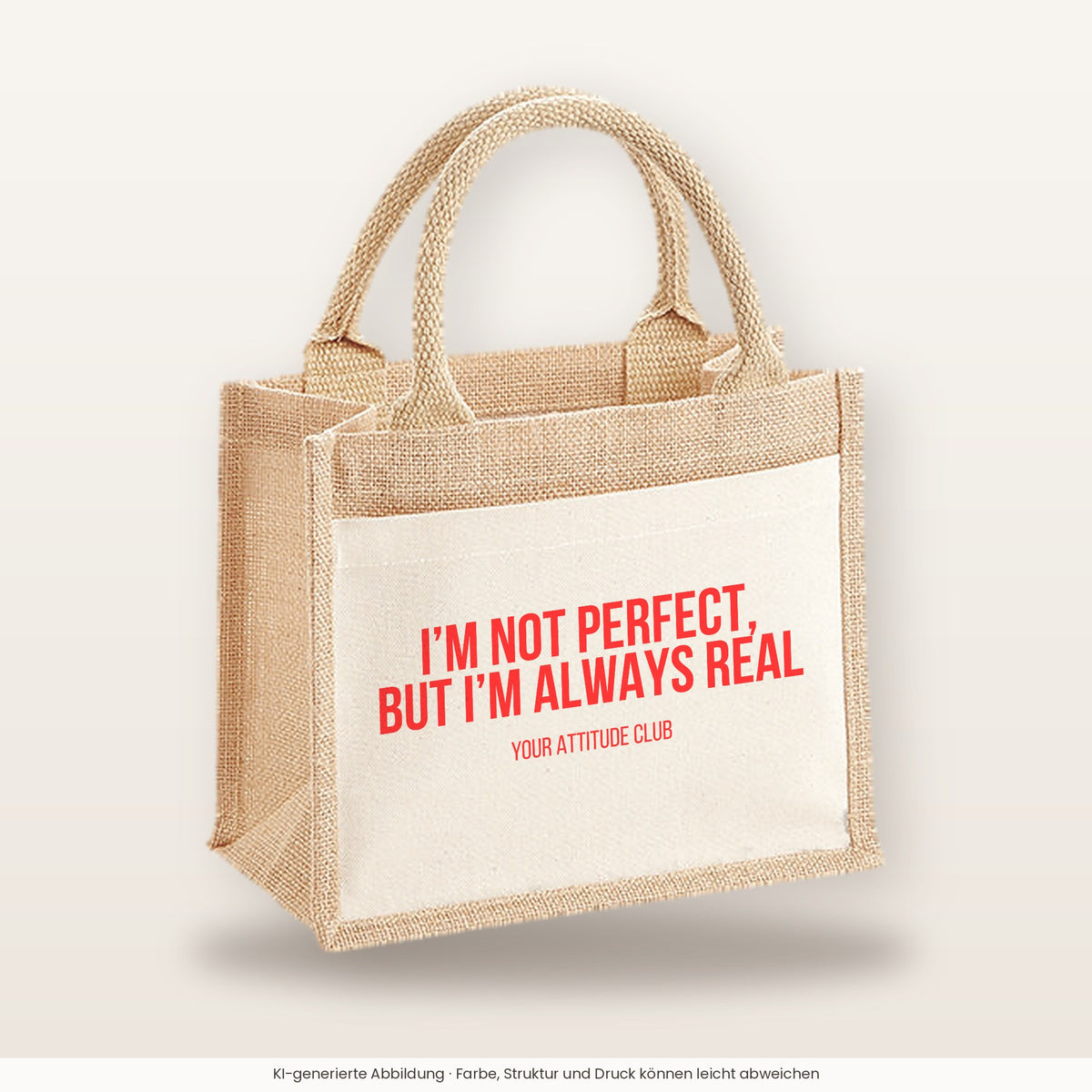 I'm not perfect, but I'm always real – Jutetasche mit Spruch, kleine Jutetasche 26 × 22 cm