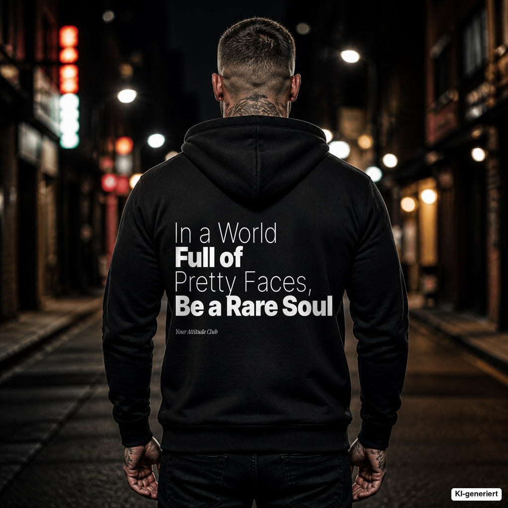 In a World Full of Pretty Faces, Be a Rare Soul – schwarzer Hoodie mit weißem Backprint, Herren in der Stadt bei Nacht