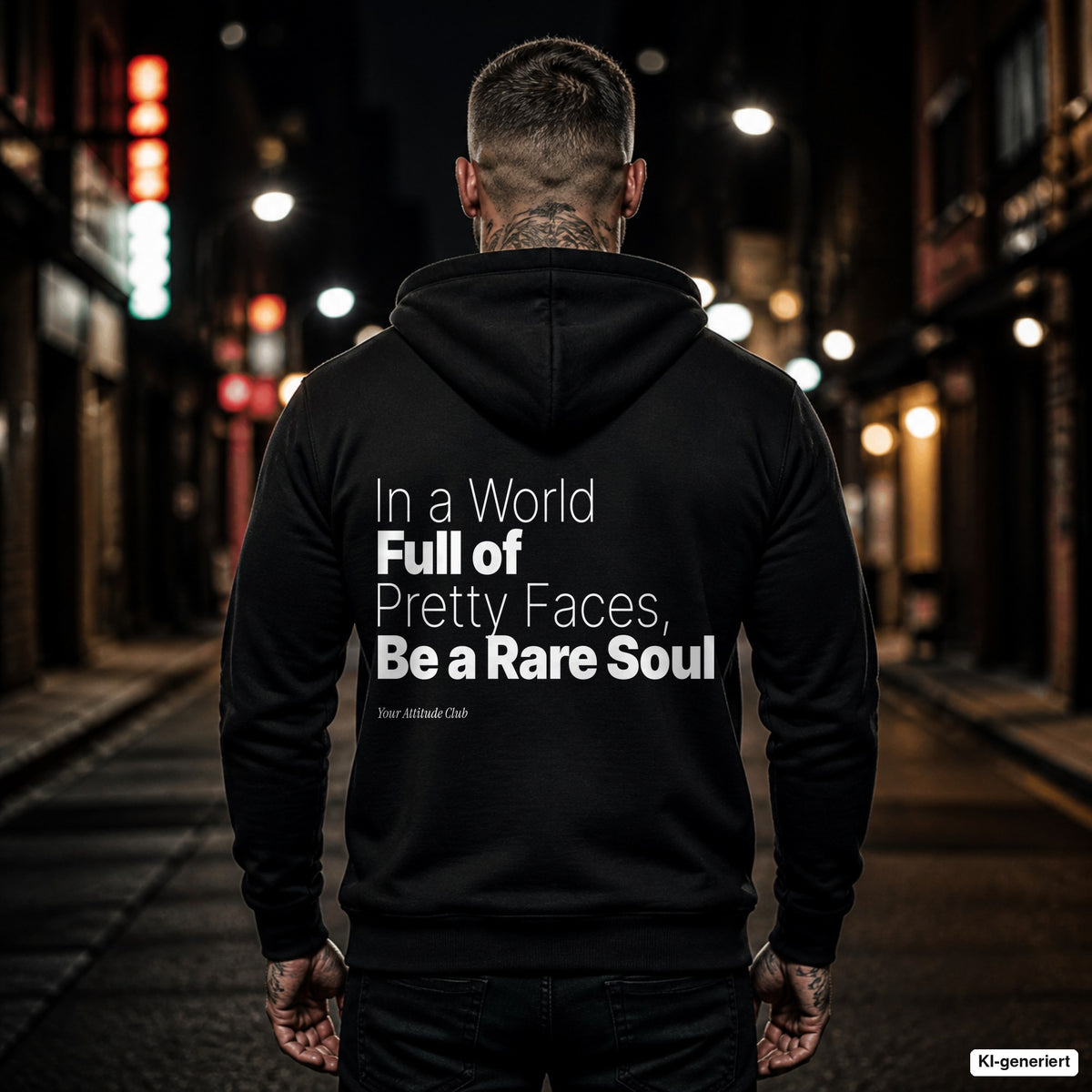 In a World Full of Pretty Faces, Be a Rare Soul – schwarzer Hoodie mit weißem Backprint, Herren in der Stadt bei Nacht
