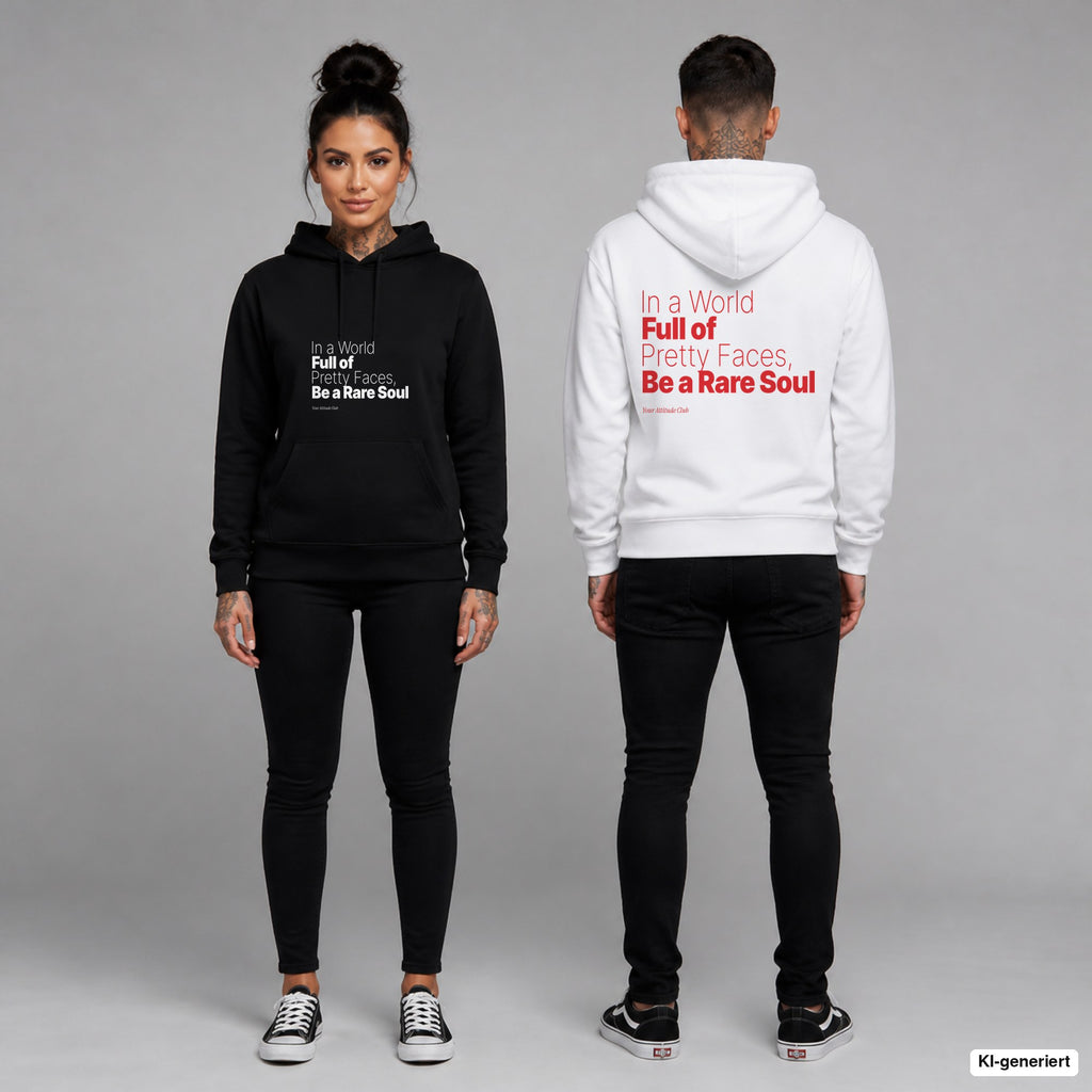 In a World Full of Pretty Faces, Be a Rare Soul – Hoodie unisex mit Frontprint (Frau, Schwarz) und Backprint (Mann, Weiß)