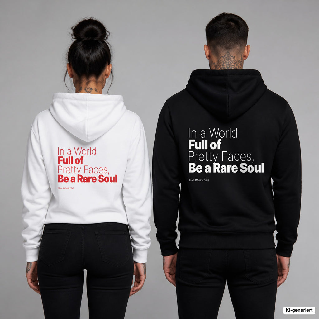 In a World Full of Pretty Faces, Be a Rare Soul – Hoodie mit Backprint, Frau in Weiß mit rotem und Mann in Schwarz mit weißem Aufdruck
