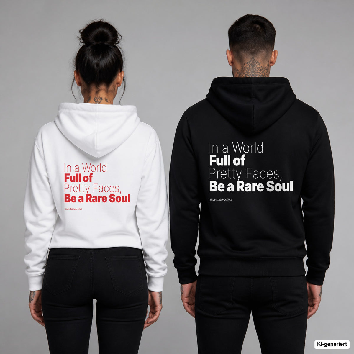 In a World Full of Pretty Faces, Be a Rare Soul – Hoodie mit Backprint, Frau in Weiß mit rotem und Mann in Schwarz mit weißem Aufdruck