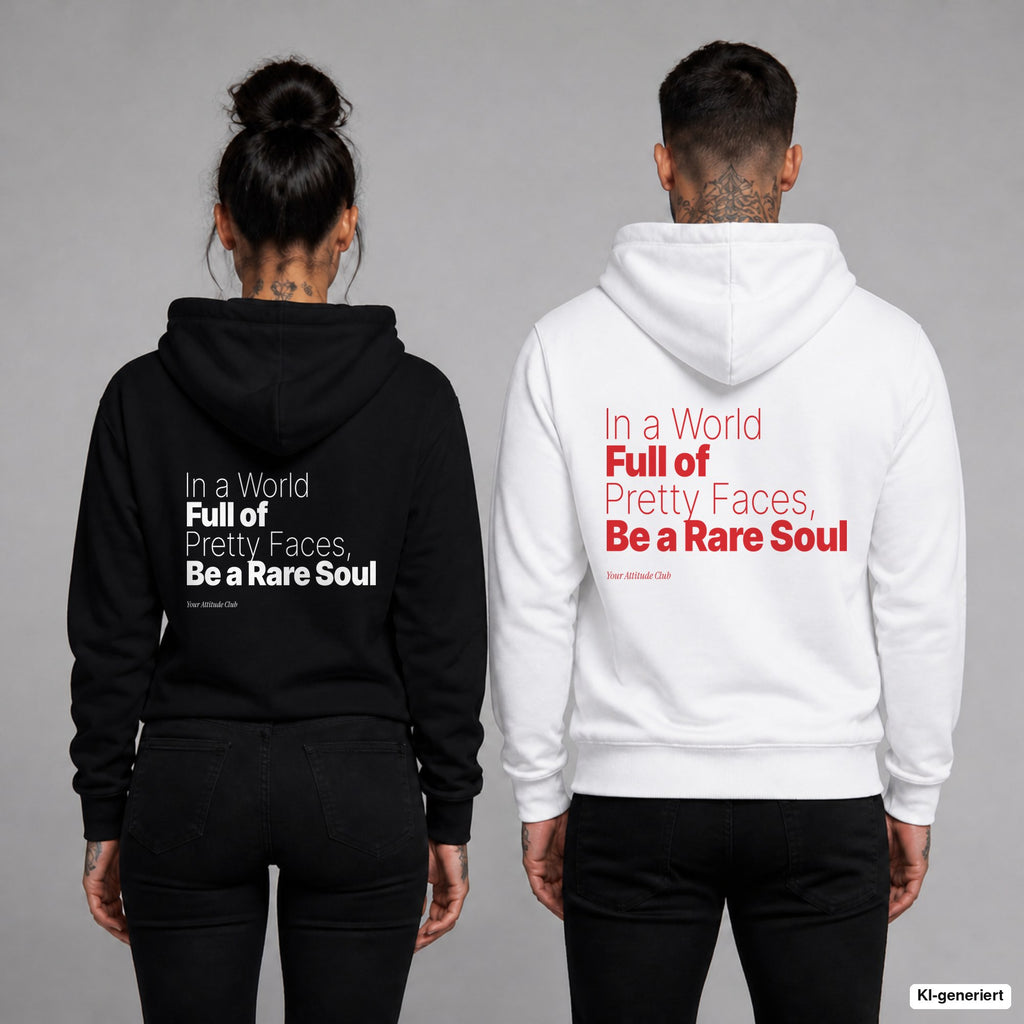 In a World Full of Pretty Faces, Be a Rare Soul – Hoodie mit Backprint, Frau in Schwarz und Mann in Weiß