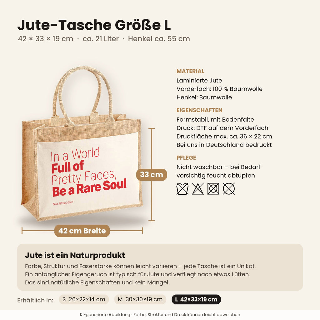 In a World Full of Pretty Faces, Be a Rare Soul – Jutetasche mit Spruch, Maße, Material und Pflege