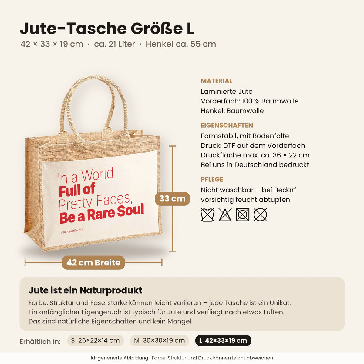 In a World Full of Pretty Faces, Be a Rare Soul – Jutetasche mit Spruch, Maße, Material und Pflege
