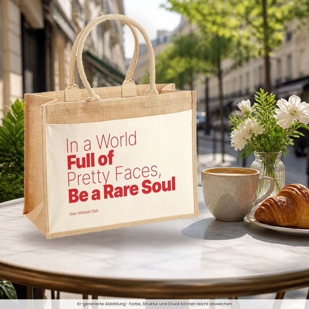 In a World Full of Pretty Faces, Be a Rare Soul – Jutetasche mit Spruch, im Café