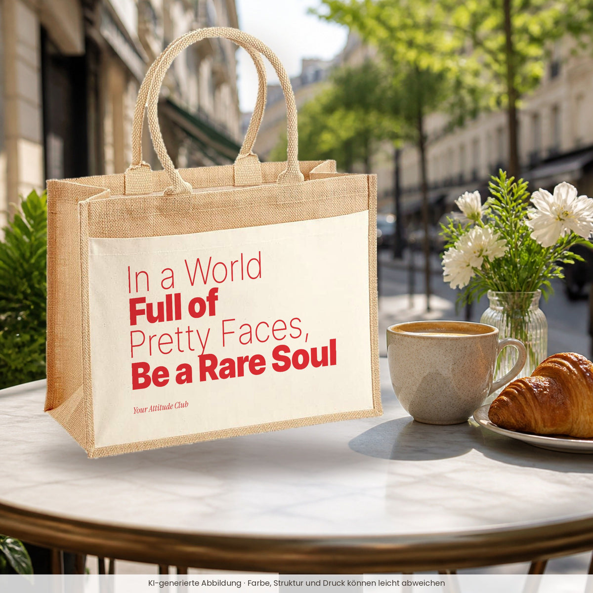 In a World Full of Pretty Faces, Be a Rare Soul – Jutetasche mit Spruch, im Café