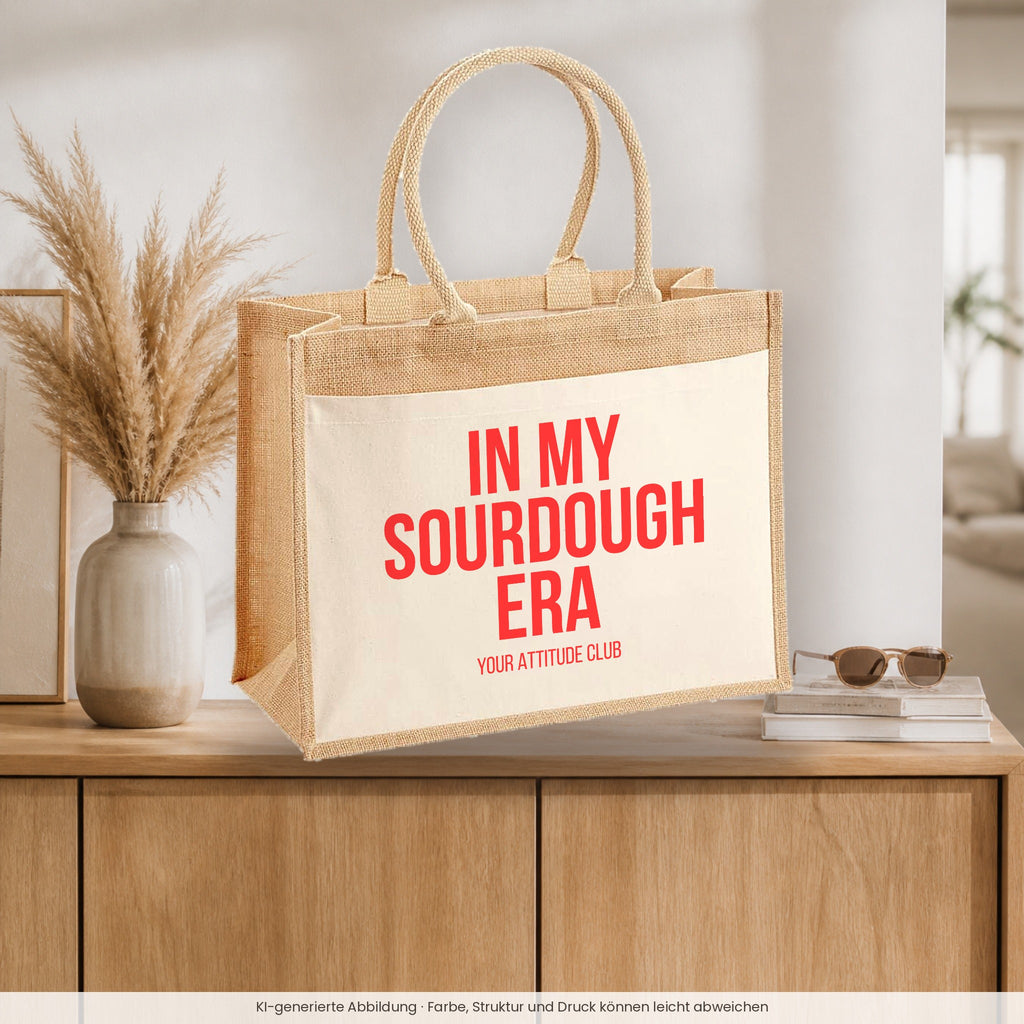 In my sourdough era – Jutetasche mit Spruch, auf dem Sideboard im Flur