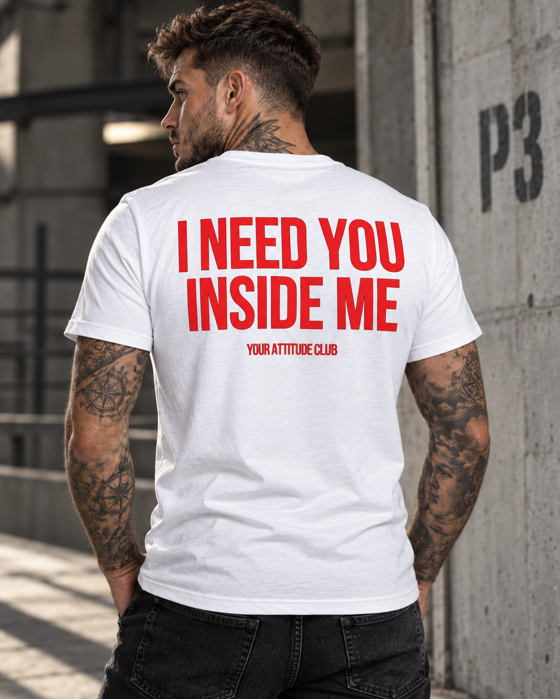 I NEED YOU INSIDE ME – Unisex Statement T-Shirt Weiß mit rotem Backprint | doppeldeutiges Sprüche Shirt
