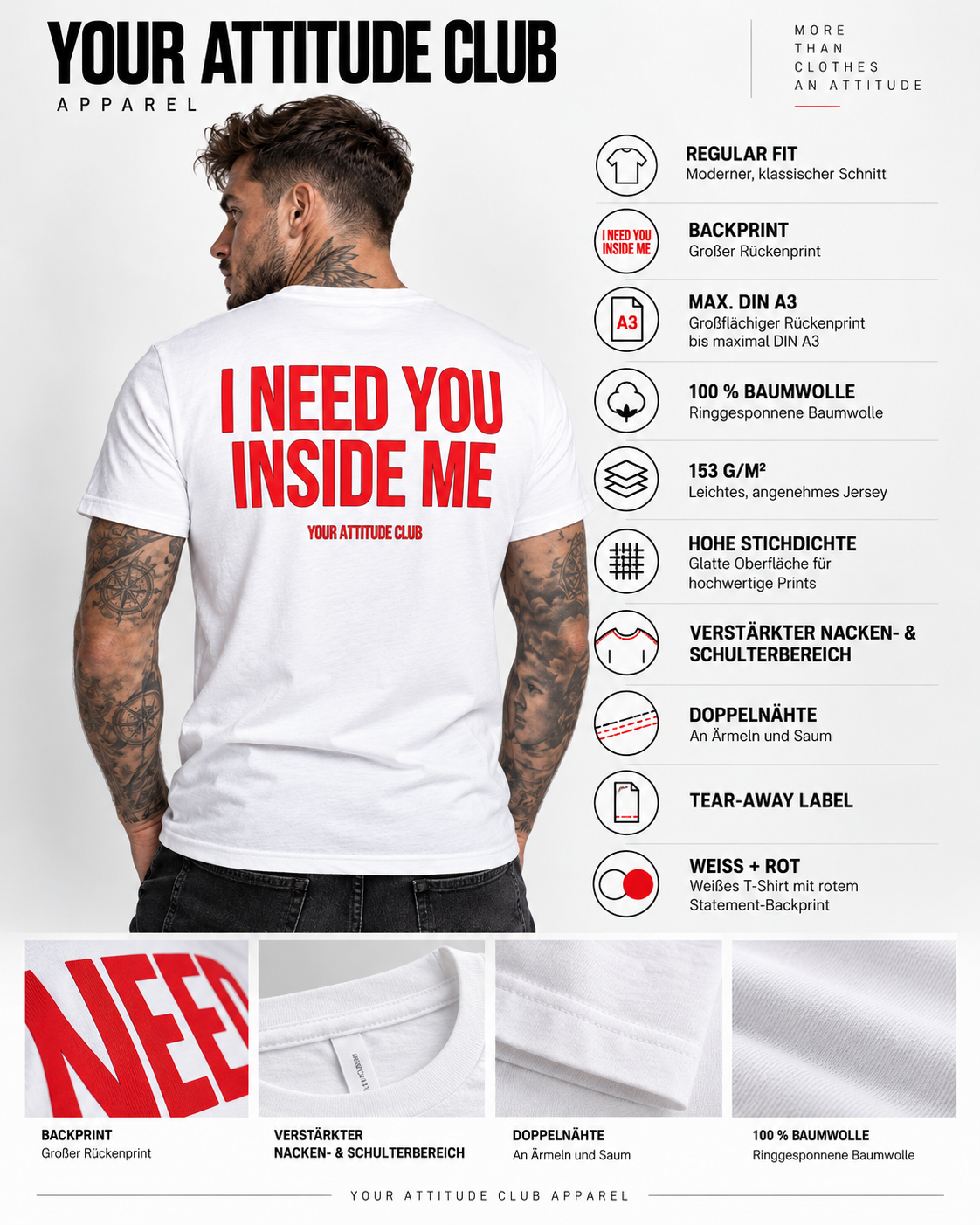 I NEED YOU INSIDE ME – Unisex Statement T-Shirt Weiß mit rotem Backprint | doppeldeutiges Sprüche Shirt