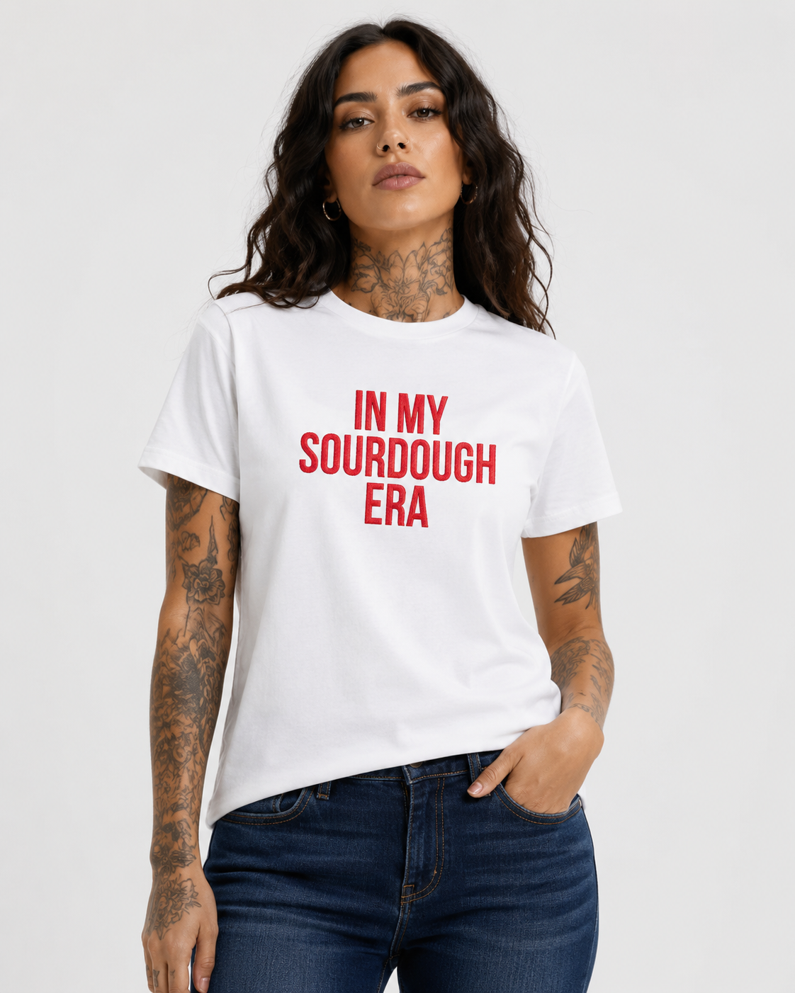 IN MY SOURDOUGH ERA – besticktes Damen Shirt, lustiges Statement T-Shirt, Geschenk für Bäckerin, Sauerteig-Fan, Bio-Baumwolle, Weiß oder Schwarz