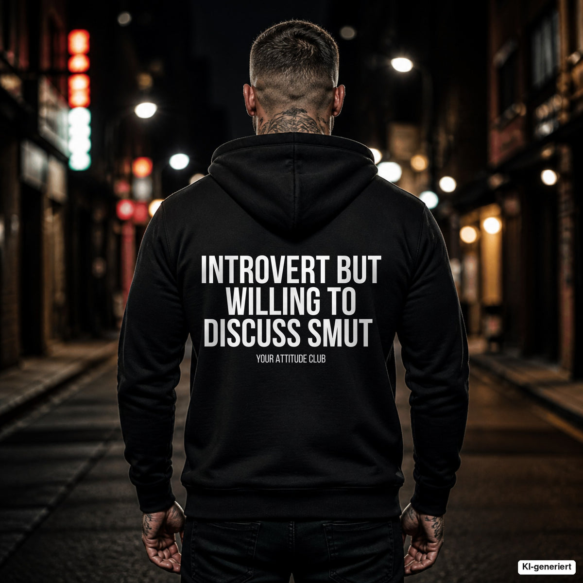 Introvert but willing to discuss smut – schwarzer Hoodie mit weißem Backprint, Herren in der Stadt bei Nacht
