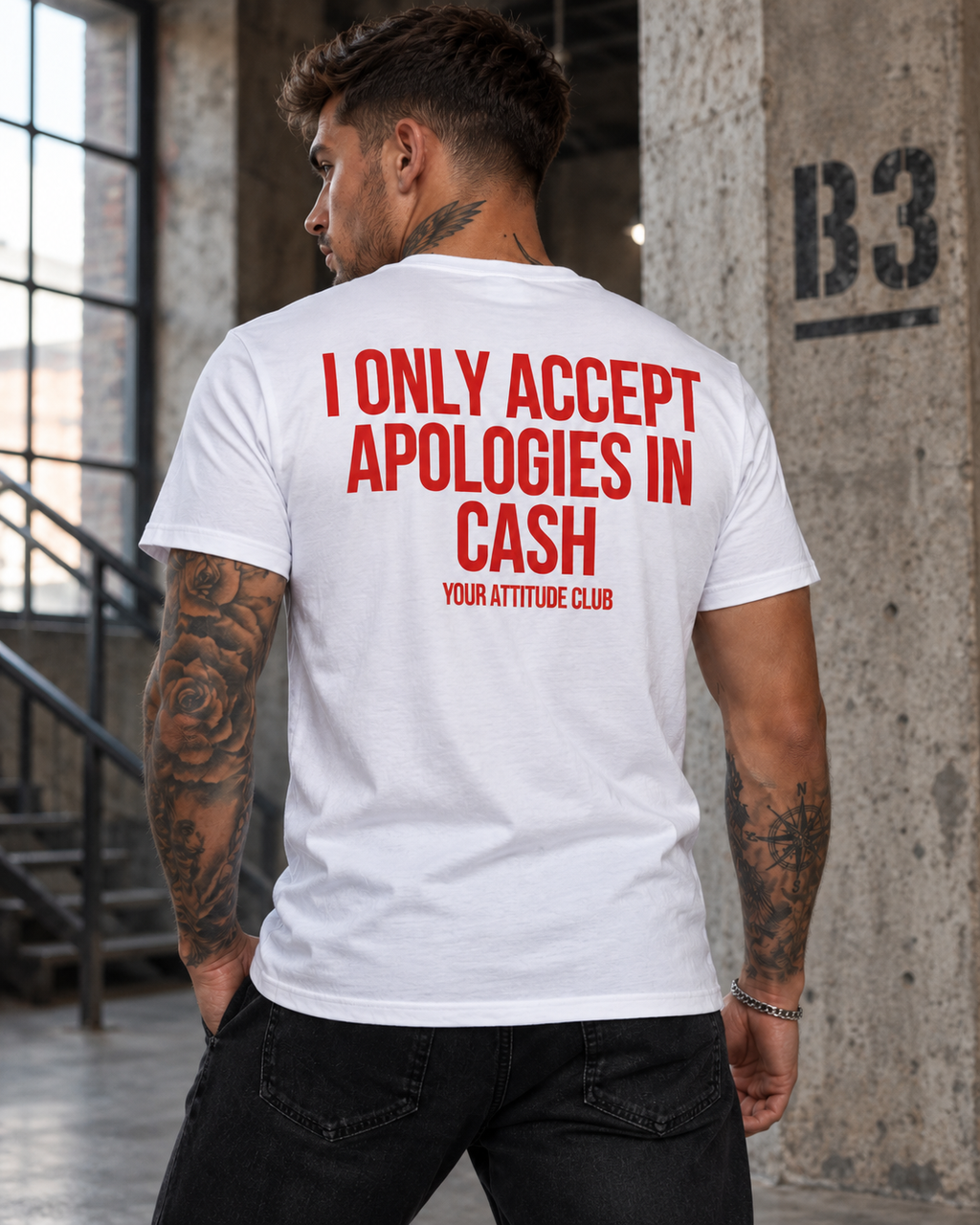 I ONLY ACCEPT APOLOGIES IN CASH – Unisex Statement T-Shirt Weiß mit rotem Backprint | freches Sprüche Shirt