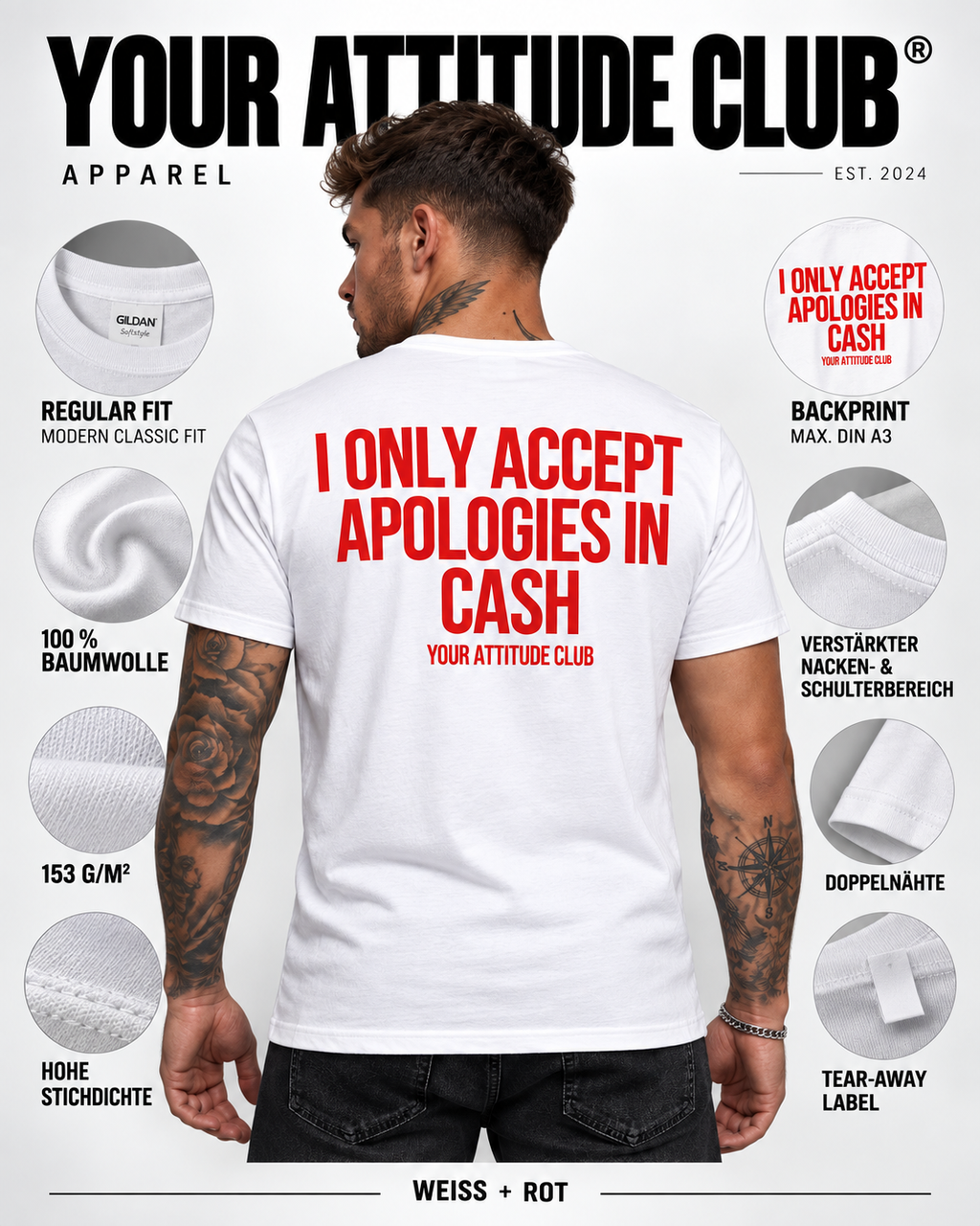 I ONLY ACCEPT APOLOGIES IN CASH – Unisex Statement T-Shirt Weiß mit rotem Backprint | freches Sprüche Shirt
