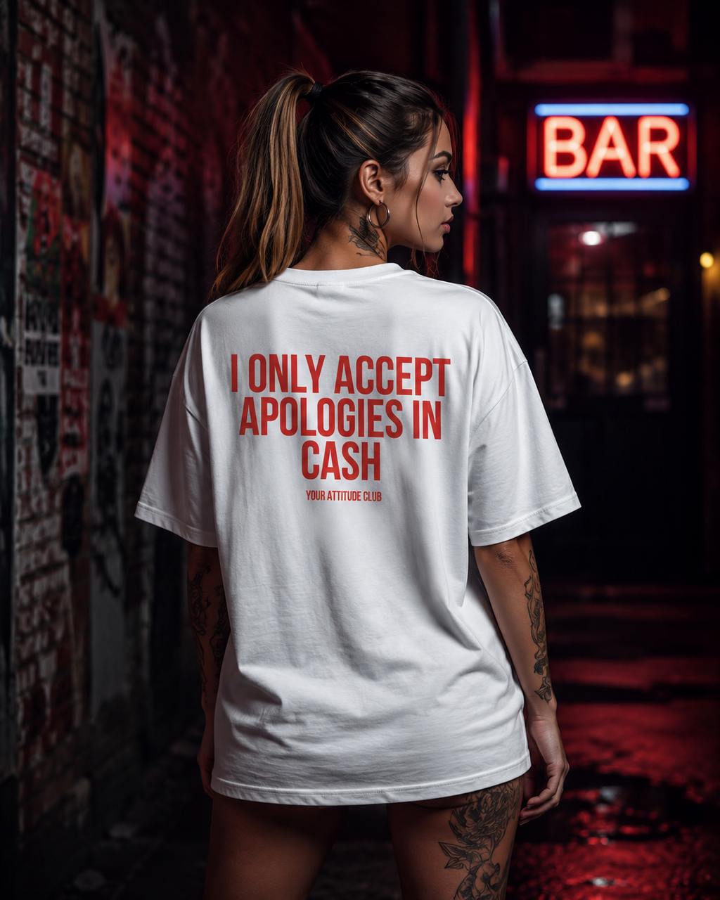I ONLY ACCEPT APOLOGIES IN CASH | Oversize Shirt Unisex mit Backprint, Statement Shirt aus Bio-Baumwolle
