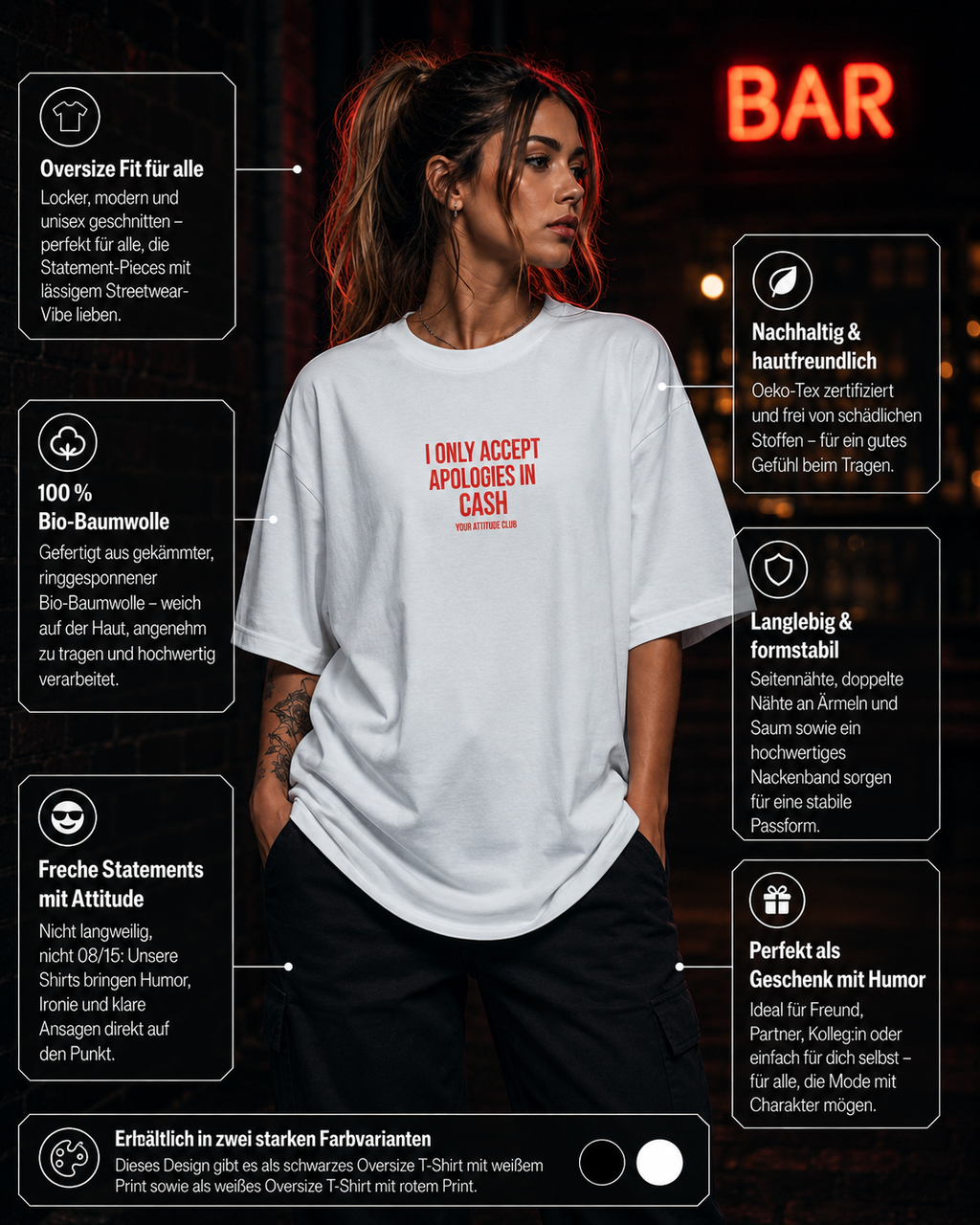 I ONLY ACCEPT APOLOGIES IN CASH | Oversize Shirt Unisex mit Frontprint, Statement Shirt aus Bio-Baumwolle