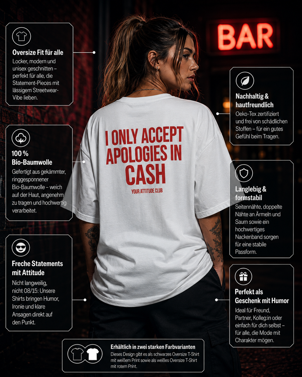 I ONLY ACCEPT APOLOGIES IN CASH | Oversize Shirt Unisex mit Backprint, Statement Shirt aus Bio-Baumwolle