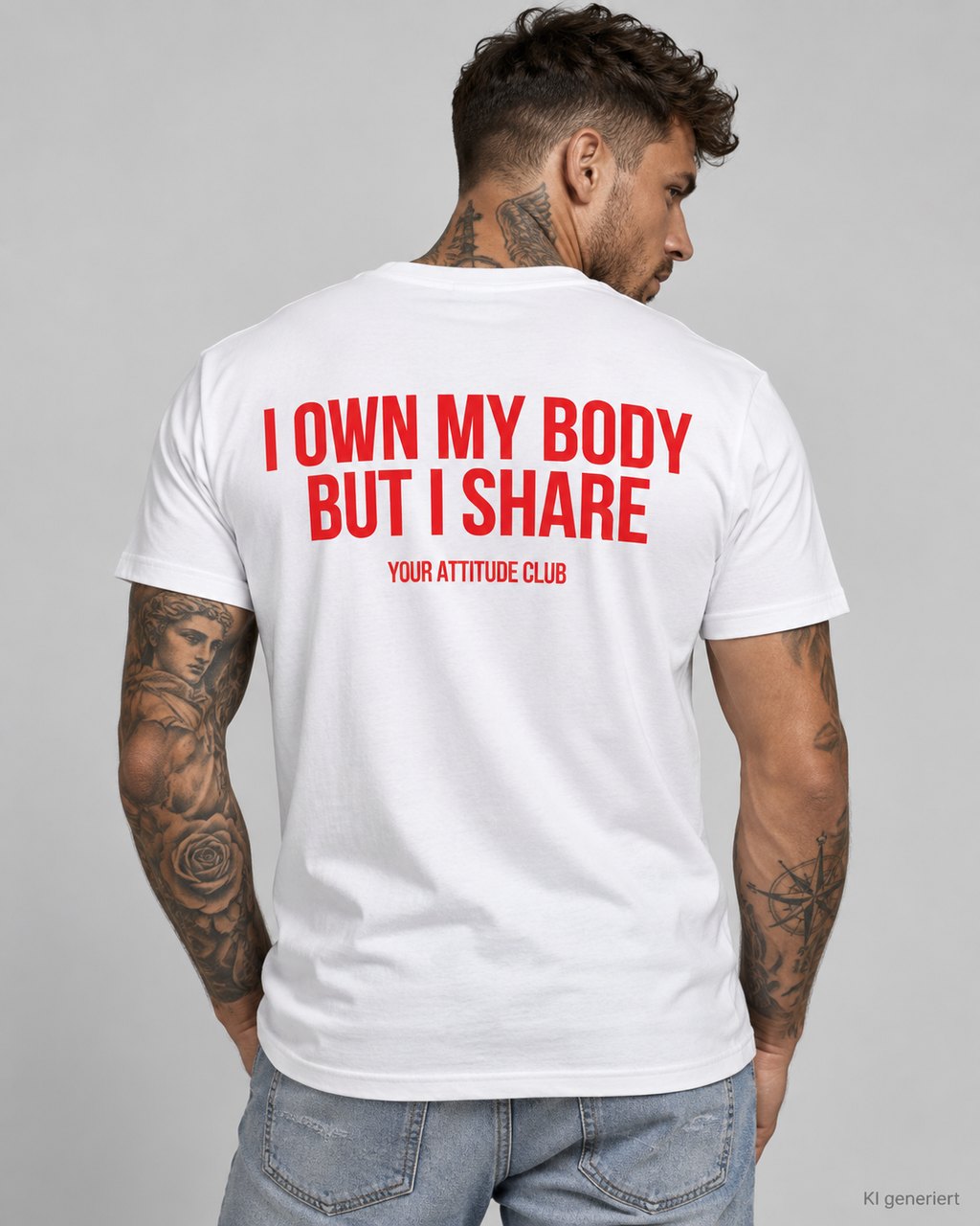 I OWN MY BODY BUT I SHARE – Unisex Statement T-Shirt Weiß mit rotem Print | provokantes Sprüche Shirt