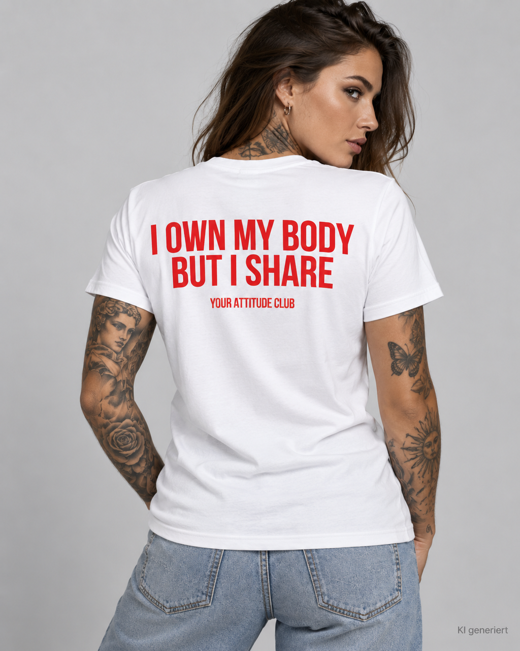 I OWN MY BODY BUT I SHARE – Unisex Statement T-Shirt Weiß mit rotem Print | provokantes Sprüche Shirt
