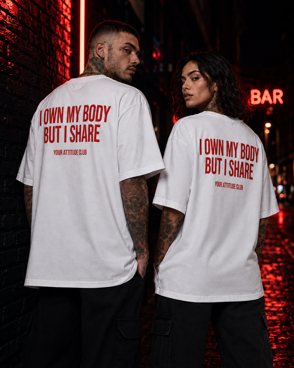 I OWN MY BODY BUT I SHARE – Unisex Oversize T-Shirt mit Backprint, freches Statement Shirt, Streetwear Geschenk für Frauen und Männer