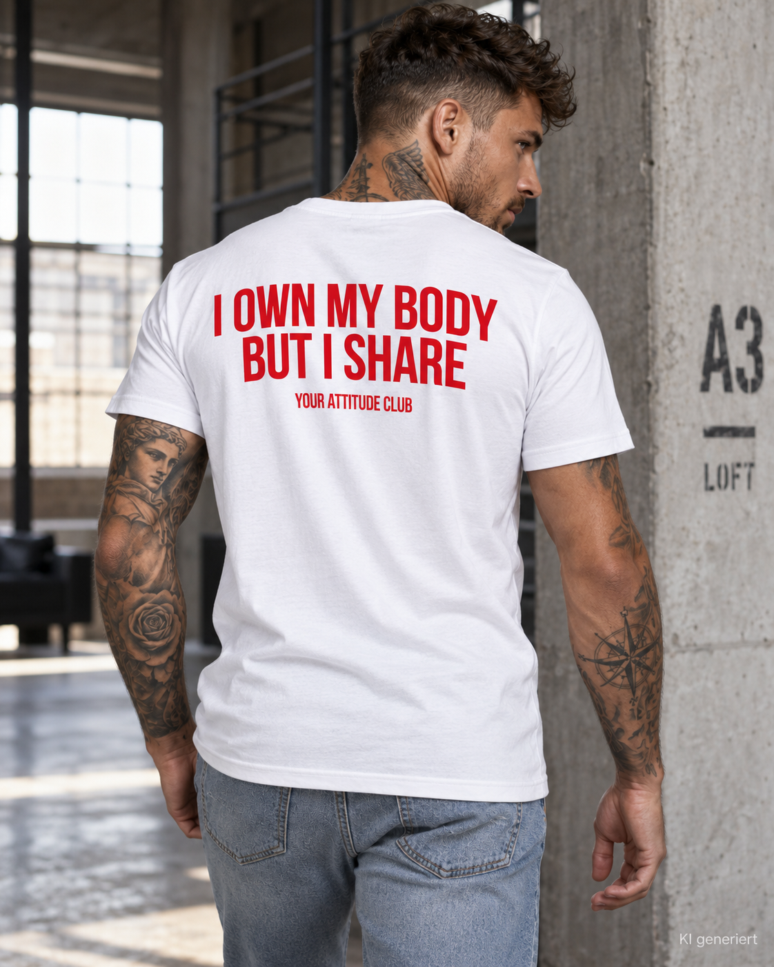 I OWN MY BODY BUT I SHARE – Unisex Statement T-Shirt Weiß mit rotem Print | provokantes Sprüche Shirt